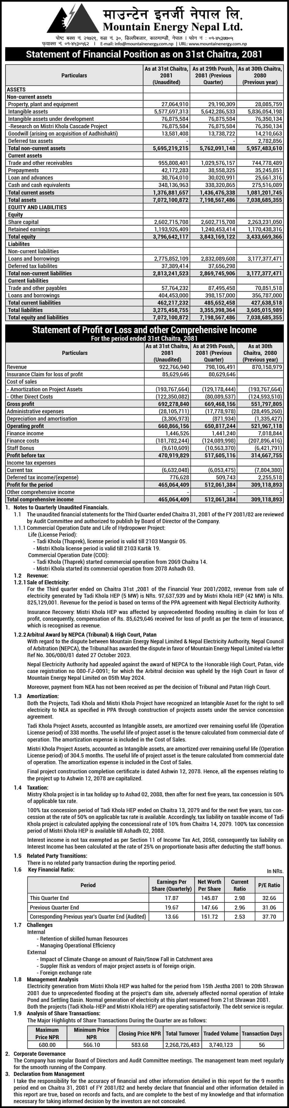 3rd Quarterly Report, Fiscal Year 2081-82
